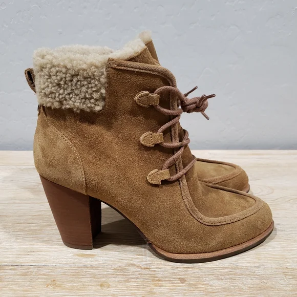 NWOB! UGG "ANALISE" Women's Suede Sheepskin High Heel Ankle Boots (8) Chestnut - Picture 3 of 10